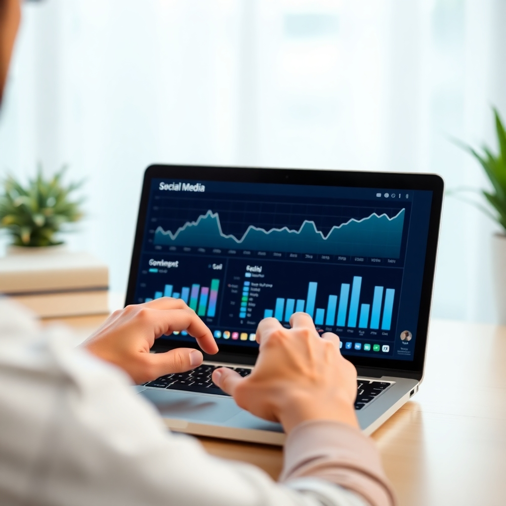 A stylized image showcasing a person peacefully analyzing data on a laptop, with calming colors like pastel blues and greens. Display social media graphs transitioning from low to high engagement, signifying transformation. Use soft focus for the background highlighting a serene workspace. Emphasize a feeling of tranquility. Technical specs: high resolution.