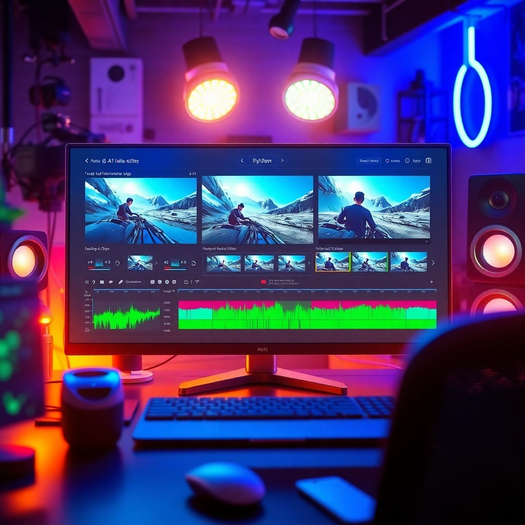 A stylized image showcasing a dynamic AI-driven video editor interface, emphasizing speed and efficiency. The screen displays rapid transformations of raw clips into polished videos, illuminated by bright, energetic lighting. The color palette is vibrant, featuring electric blues and lively greens. The environment conveys a modern digital workspace, filled with technology and visual elements that inspire creativity. Style references might include futuristic graphics and interactive designs.