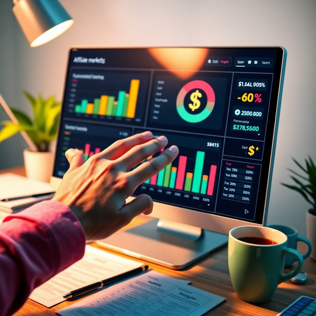 A stylized image showing a digital dashboard displaying earnings and performance metrics of affiliate marketing. The composition includes elements like graphs and currency symbols. Bright and engaging colors dominate, creating a sense of success. The camera angle focuses closely on the screen, with hands interacting with it, symbolizing action and engagement. Environmental elements include papers and coffee cups on the desk. Technical specs: high quality.