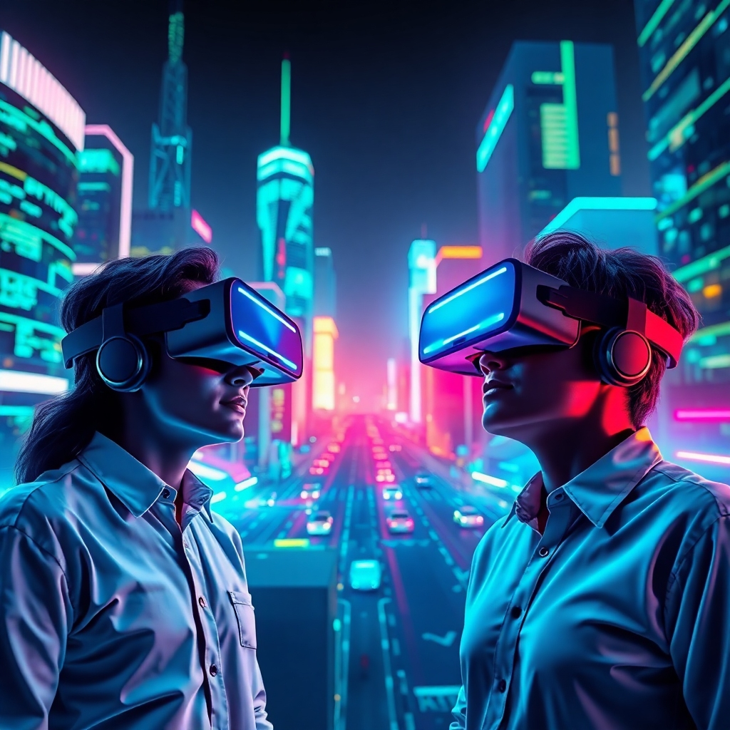 A stylized image showing a futuristic cityscape with neon lights, symbolizing innovation. The foreground depicts marketing professionals using virtual reality headsets, immersed in a digital landscape of video creation. Bits and bytes visually translate to video stories around them. The composition uses a vibrant color palette of electric blues and greens. Soft glowing effects enhance the techy feel, captured in a wide-angle shot to showcase the vastness of possibilities that AI brings.