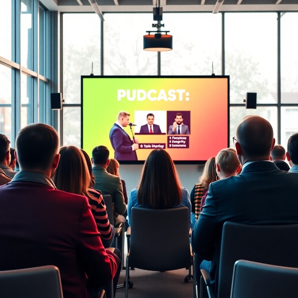 A stylized image showing a successful presentation of podcast videos, capturing audience engagement. The environment is a modern conference room with a large screen showcasing vibrant video content. Natural lighting filters through large windows, enhancing the inviting feel. The color palette utilizes energetic reds and greens to symbolize enthusiasm and growth. The camera angle focuses on an audience captivated by the video, highlighting expressions of interest and engagement. Textures of the room furnishings are sleek and contemporary, creating an atmosphere of professionalism.