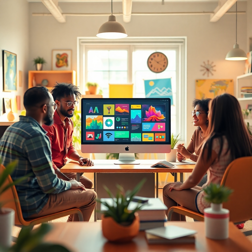 A stylized image that represents the essence of creating stunning AI-generated graphics. It features a diverse group of individuals engaged around a sleek, modern computer displaying vibrant graphic designs. The setting is a bright, airy creative studio filled with inspirational decor. The lighting is warm and inviting, creating a productive atmosphere with plenty of textures and colors around. The color palette is bright with greens, blues, and warm tones to signify creativity and energy. This high-quality 4K image should convey a sense of collaboration and innovation in graphic design.