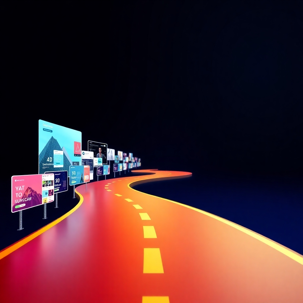 A stylized pathway or road visually representing growth and success, with various AI-generated images appearing alongside, symbolizing different marketing campaigns and sales results. The colors are bright and engaging, with a positive and motivating atmosphere. Camera angles create a sense of journey and progress. Technical specs: 4K resolution.