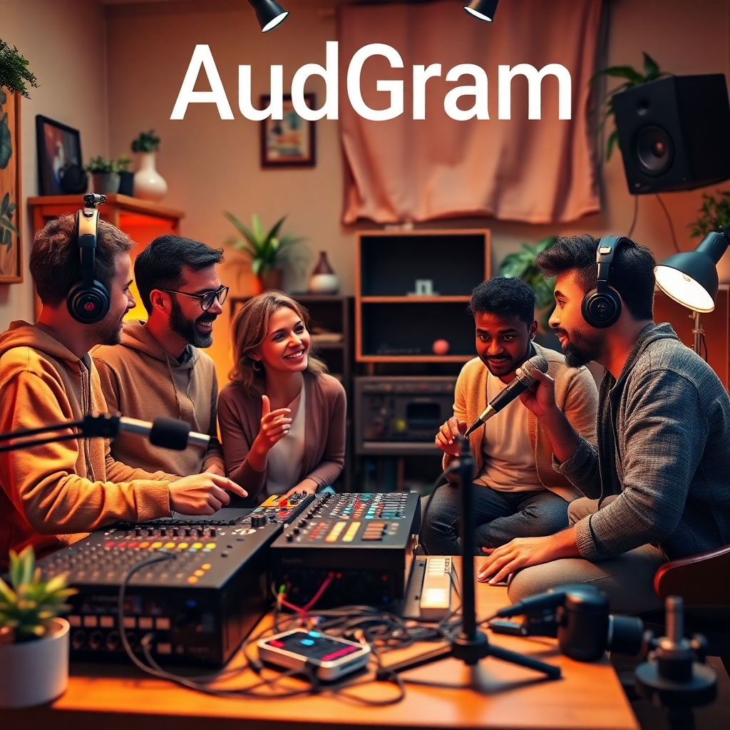 A stylized, photorealistic image representing the essence of AudGram's mission. The scene features a diverse group of podcasters animatedly discussing over high-tech equipment in a cozy studio. Soft ambient lighting casts a warm glow, enhancing the energetic atmosphere. The color palette incorporates rich earth tones combined with accents of bright colors from the equipment. The camera angle captures the group interacting, with sound waves subtly illustrated around them to symbolize audio's transformation into visual elements. The environment is filled with vibrant decor and modern technology, suggesting innovation and creativity. This high-quality image should be in 4K resolution, focusing on the harmony between audio creation and visual storytelling.