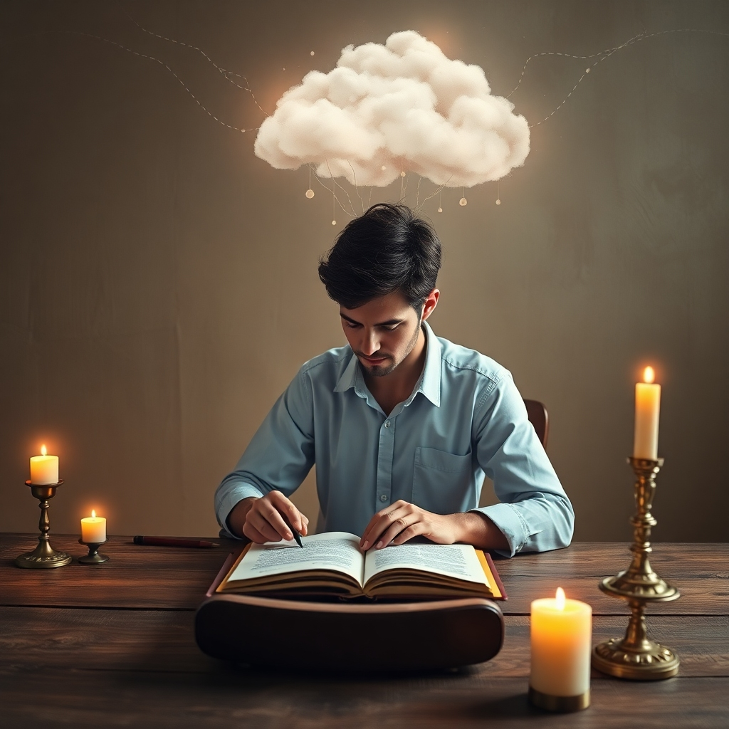 A symbolic image of a writer sitting at a desk with a cloud of ideas above their head, with Articalize AI depicted floating in the background, illuminating the content creation process. The environment is tranquil, with soft candlelight and textured surfaces for a warm, inviting atmosphere. A hint of motion suggests ideas being transformed into text, showcased in a high-quality, artistic representation.