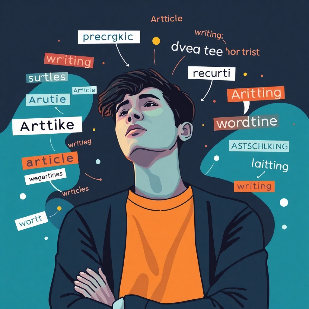 A user-friendly representation of an individual deep in thought, surrounded by floating words and phrases that connect visually. The environment is a blend of modern and abstract styles, with colors flowing seamlessly around the user, representing the fluidity of article creation. This high-quality image is engaging and visually stimulating, embodying the concept of seamless writing.