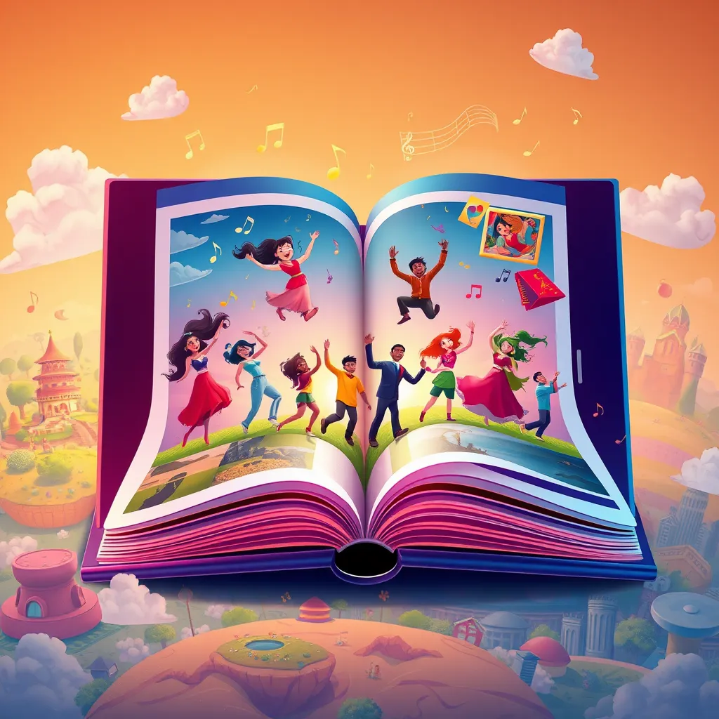 A vibrant, colorful illustration of a photo album where images leap out, animated with musical notes and sound waves, showing various characters in lively poses as they dance and interact, surrounded by a background of diverse landscapes that represent different memories.