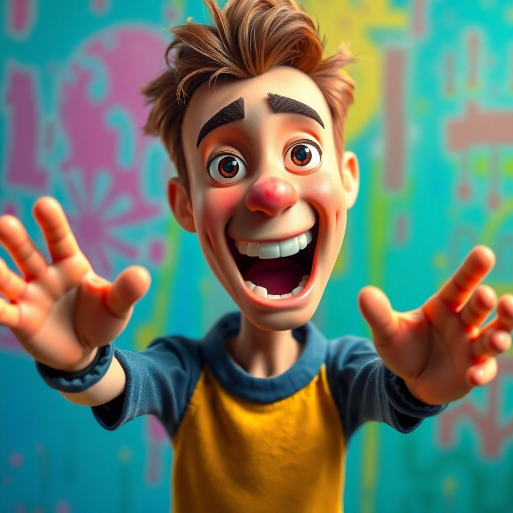 A vibrant, dynamic scene featuring a human character animated with lifelike facial expressions and hand movements, set against a colorful background, showcasing the transformation from a static photo to an animated character, with an engaging storytelling pose.