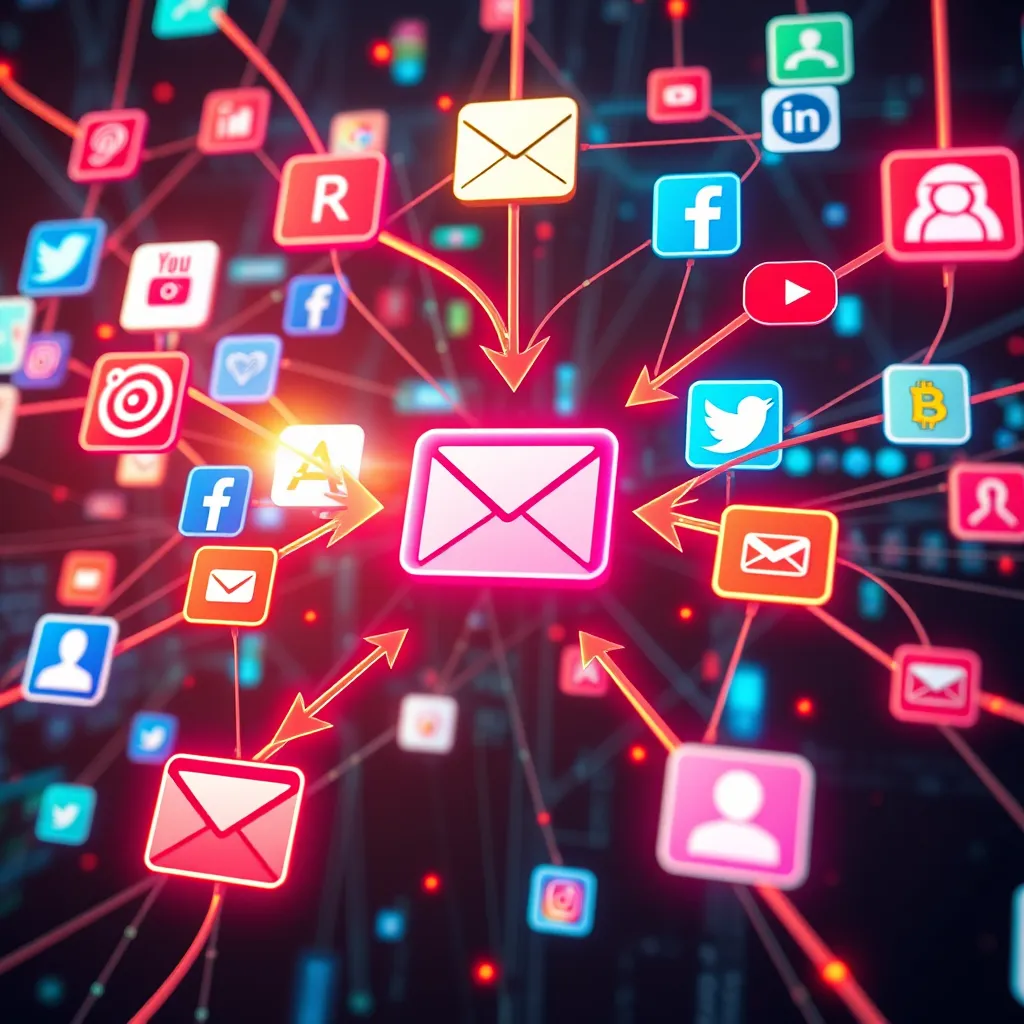 A vibrant, interconnected web of social media platforms with arrows pointing towards a growing email list, depicting users engaging and sharing, creating a viral loop effect, all set in a futuristic digital environment.