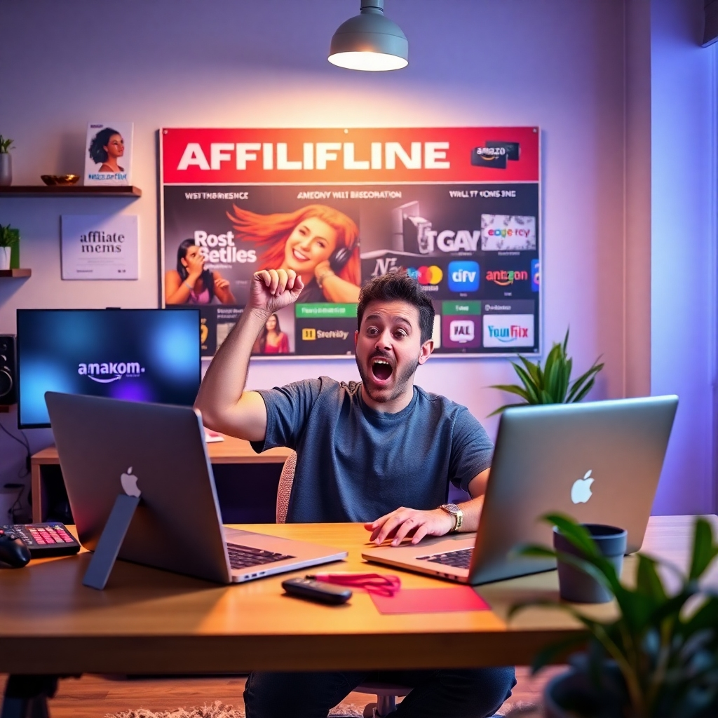 A vibrant, modern home office setup showing a person excitedly creating content for a TV channel on a laptop, surrounded by colorful graphics and affiliate marketing ideas. The background has a poster of popular streaming platforms like Roku and Amazon Fire TV.