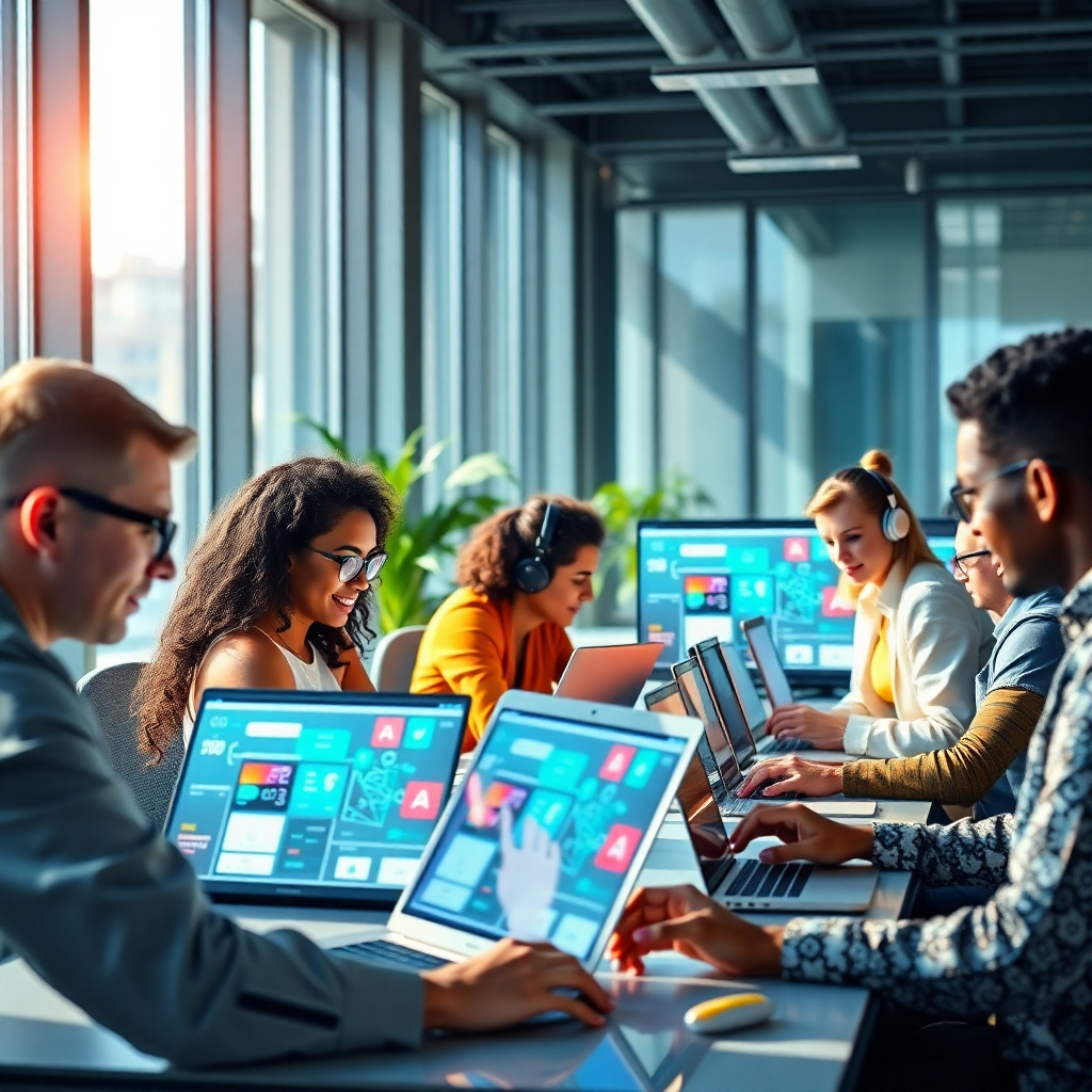 A vibrant, modern office environment where diverse individuals of various ages and ethnicities work collaboratively on laptops. Screens display colorful app designs and generative AI elements. Large windows with sunlight streaming in, creating an inspiring atmosphere of innovation and creativity.