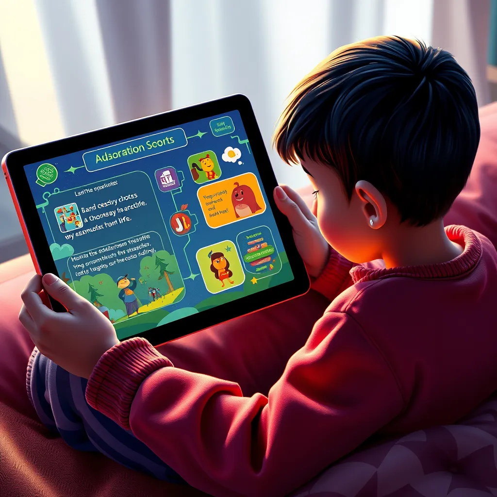 A vibrant, photorealistic illustration of a reader engaging with an interactive book on a tablet. The screen displays branching storylines and choices, with colorful graphics and animated characters coming to life, capturing the dynamic nature of interactive storytelling.
