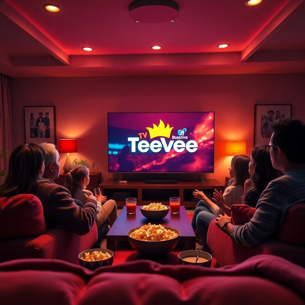 A vibrant, photorealistic scene depicting a family gathered around a large, sleek television showcasing a TVBossFire TeeVee channel. The room is filled with warm, soft lighting from various sources, creating an inviting and engaging atmosphere. The color palette features rich, deep tones paired with bright accent colors that reflect the excitement of viewership. The camera angle is wide, capturing both the television and the captivated audience experiencing the content. Textural details include the plush fabric of the couch and the smooth screen of the TV, combined with lively movement as the family reacts to what they see. Environmental elements such as popcorn bowls and drinks on a cozy coffee table enhance the scene. The style draws from contemporary family life photography, aiming for hyperrealistic quality, intricate detail in expressions and materials, rendered in sharp 8K resolution.