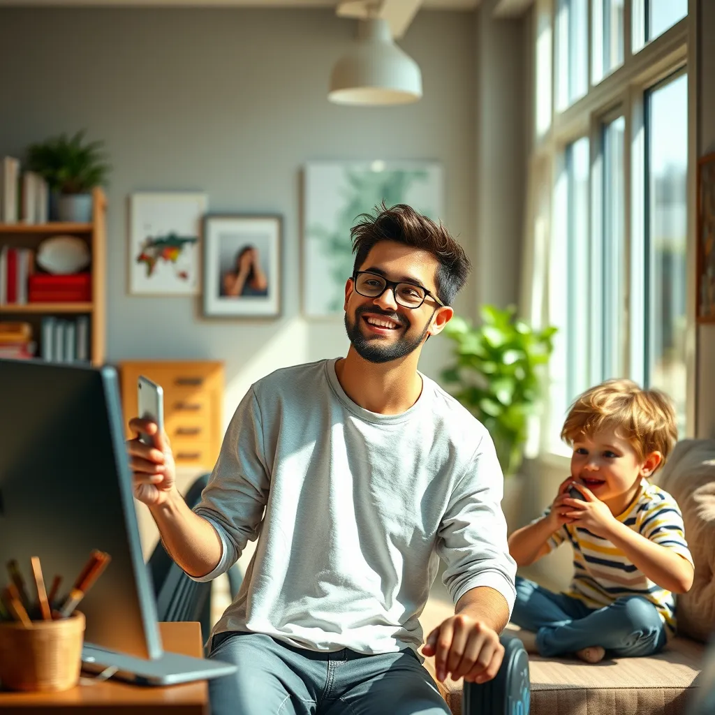 A vibrant and energetic person engaging in various daily activities with ease, such as working at a desk, exercising, and playing with family. The scene should show daytime with bright, natural sunlight.