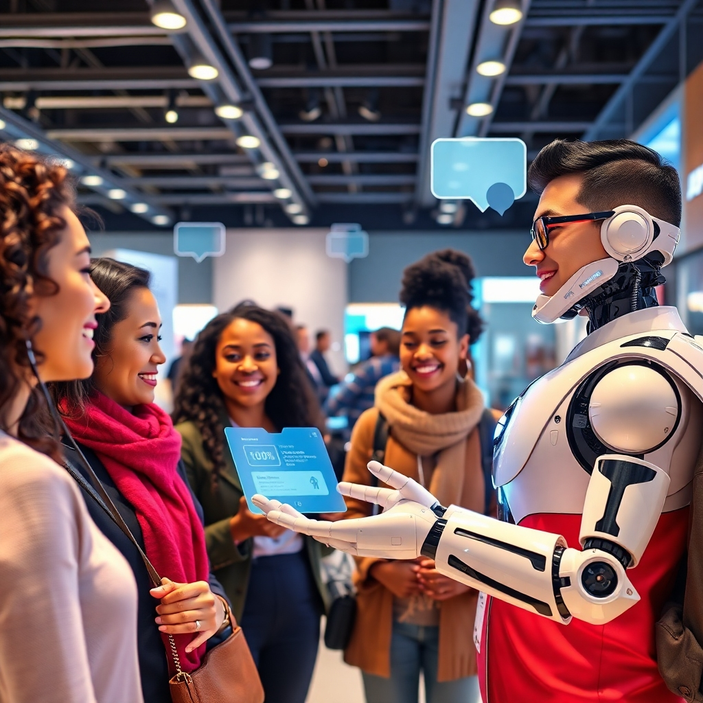 A vibrant and modern customer service environment featuring a friendly AI bot engaging with diverse customers in a retail setting. Show people of various ethnicities interacting positively with holographic screens displaying information. Include visual elements of communication, like speech bubbles and icons representing engagement.