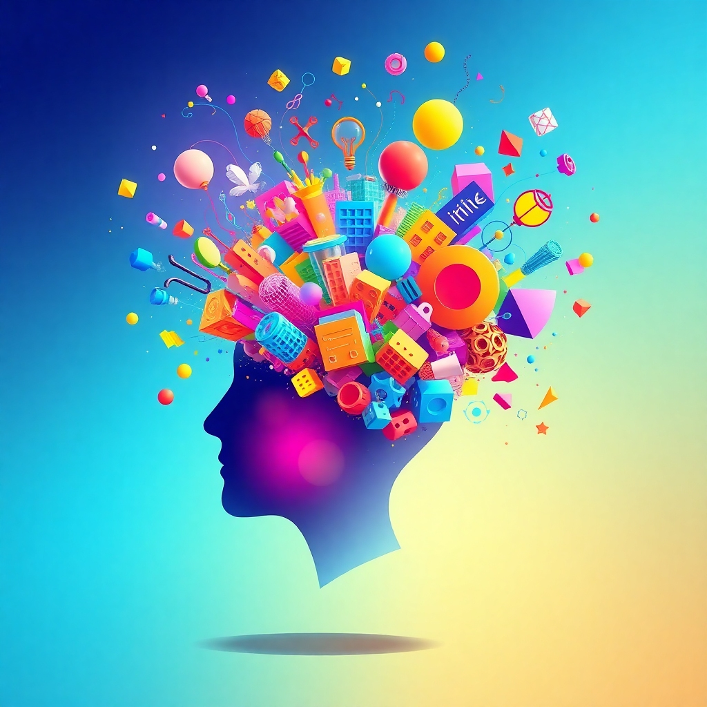 A vibrant and whimsical illustration showcasing an explosion of ideas and designs emerging from a designer's mind. The composition features bright colors, abstract shapes, and visual metaphors representing creativity. The lighting is dynamic, using a spectrum of colors to evoke inspiration. The scene should feel alive, as if ideas are swirling and dancing in the air, capturing the imagination. The image should be photorealistic and of high quality, bringing to life the creative process of using MagicDesigners Suite.