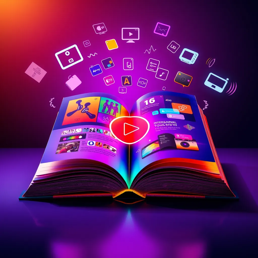 A vibrant book spread open, showcasing various multimedia elements like colorful graphics, a play button for audio, and interactive touchpoints. Surrounding the book are floating icons representing images, videos, and sound waves, signifying an immersive experience.