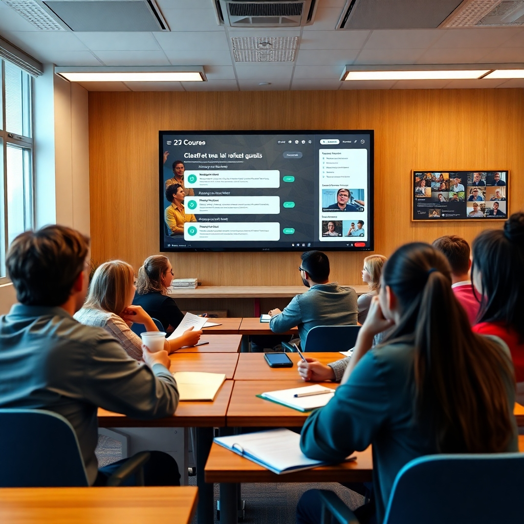 A vibrant classroom setting with students engaged in an online course. The screen displays interactive quizzes and polls, while students are visibly participating, some are taking notes and others are discussing. The atmosphere is energetic and collaborative.
