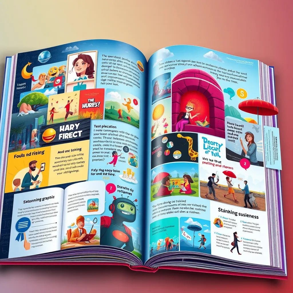 A vibrant collage illustrating a dynamic book layout featuring stunning graphics, animated illustrations, interactive quizzes, and clickable CTAs that invite reader participation. The design should convey an inviting and modern look, showcasing diversity in themes and subjects.