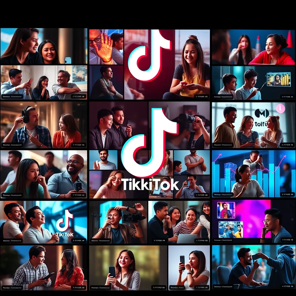 A vibrant collage of TikTok videos showcasing diverse target audiences engaging with content. Include graphs and analytics visuals indicating rising engagement metrics, set against a backdrop of the TikTok logo and colorful, eye-catching graphics.