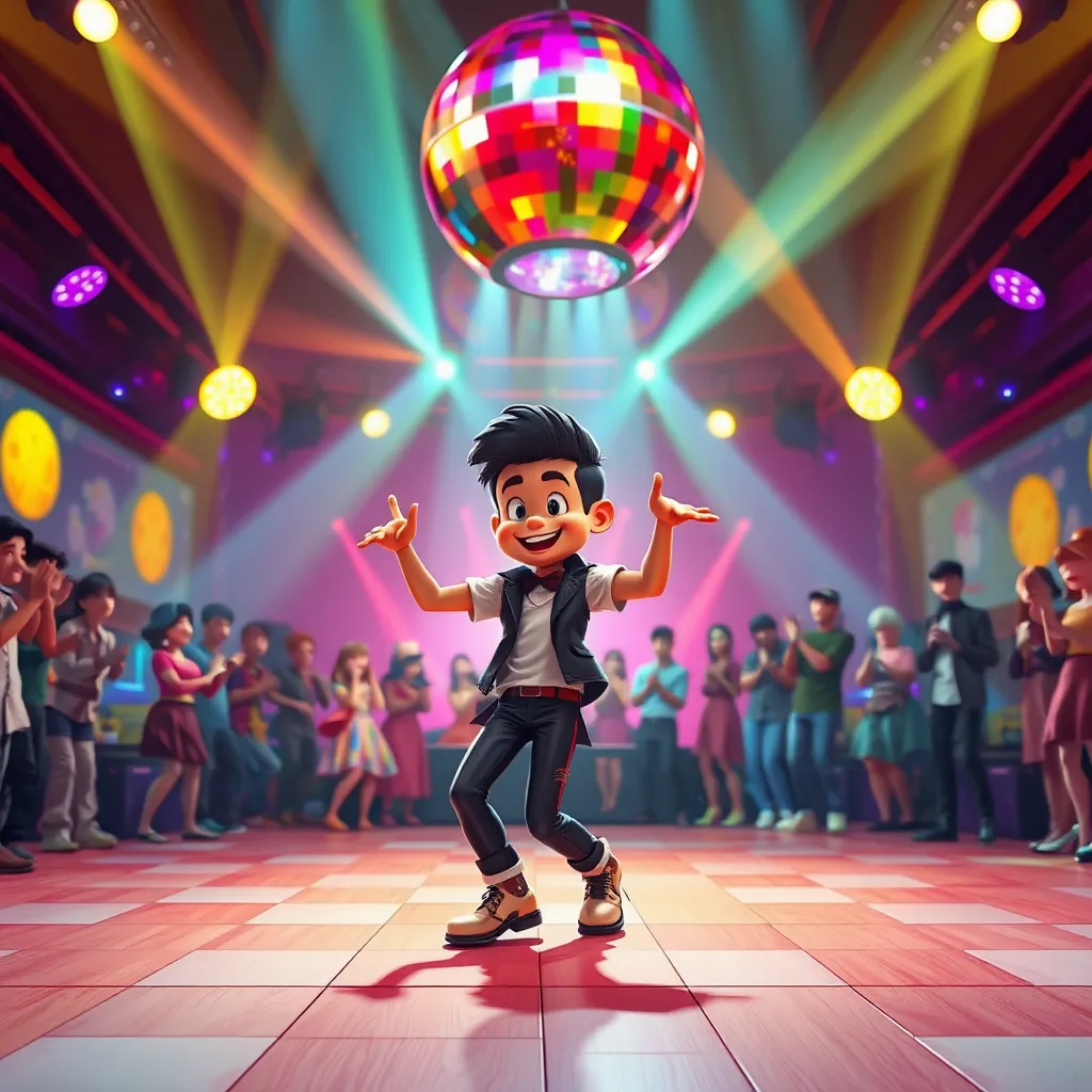 A vibrant dance floor scene with a colorful disco ball, featuring a cartoon character skillfully dancing with dynamic movements, dressed in stylish dance attire, surrounded by animated spectators clapping and enjoying the performance, illustrating the expressive dance feature of Talking Photos AI.