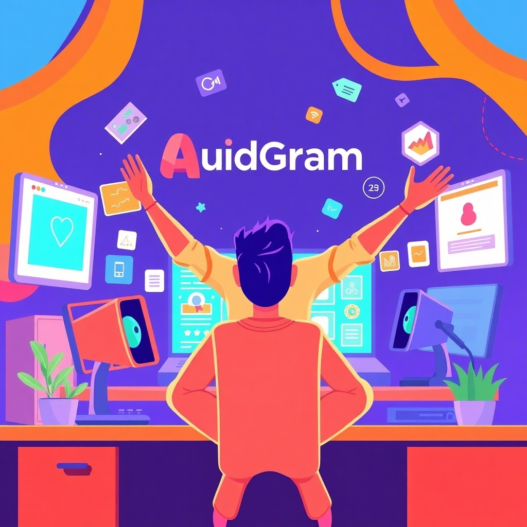 A vibrant depiction of a content creator immersing themselves in the AudGram platform, surrounded by animated elements showcasing various tools and features. The image should convey a sense of freedom and exhilaration, with bright colors and dynamic lines illustrating movement and creativity. The workspace is lively and interactive, reflecting the energy of content creation.