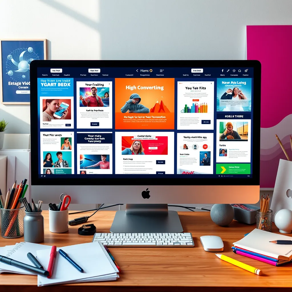A vibrant display of various high-converting email templates on a computer screen. The workspace is bright and colorful, showcasing creative designs with eye-catching subjects and interactive elements, all surrounded by inspiration such as notepads, markers, and art supplies.