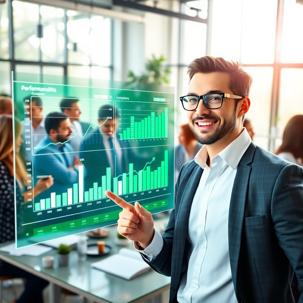 A vibrant, high-energy image featuring a confident analyst reviewing performance metrics displayed on a transparent digital screen. The background showcases a bustling office filled with creative professionals brainstorming. Soft natural light filters through large windows, enhancing visibility. A color palette of greens and whites signifies growth and analytics. The camera angle captures both the analyst's focused expression and the dynamic data visualizations.