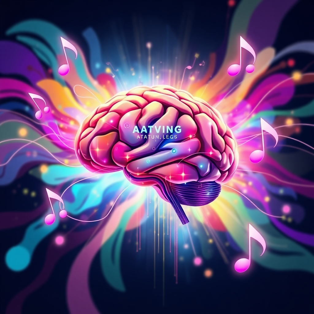 A vibrant illustration depicting a brain with digital circuits, floating amidst sound waves and musical notes. The background features a colorful abstract design symbolizing creativity flowing through technology. The brain is styled with high-tech elements, highlighting the synergy between AI and human creativity. The overall look should be bright and visually captivating, making it suitable for various digital platforms.