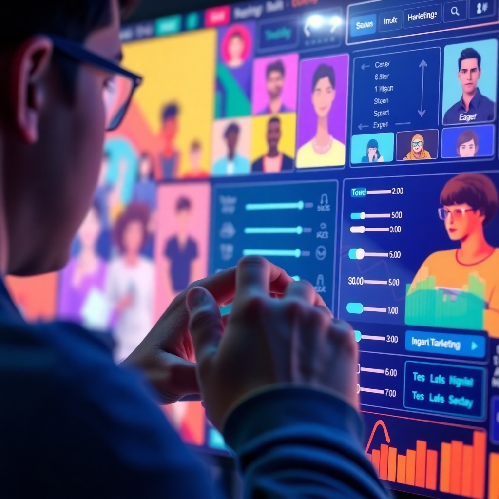 A vibrant illustration of a person adjusting sliders and settings on a colorful digital interface representing customization options for an AI SaaS tool. The background should have diverse user personas engaging with the tool, symbolizing targeted marketing.
