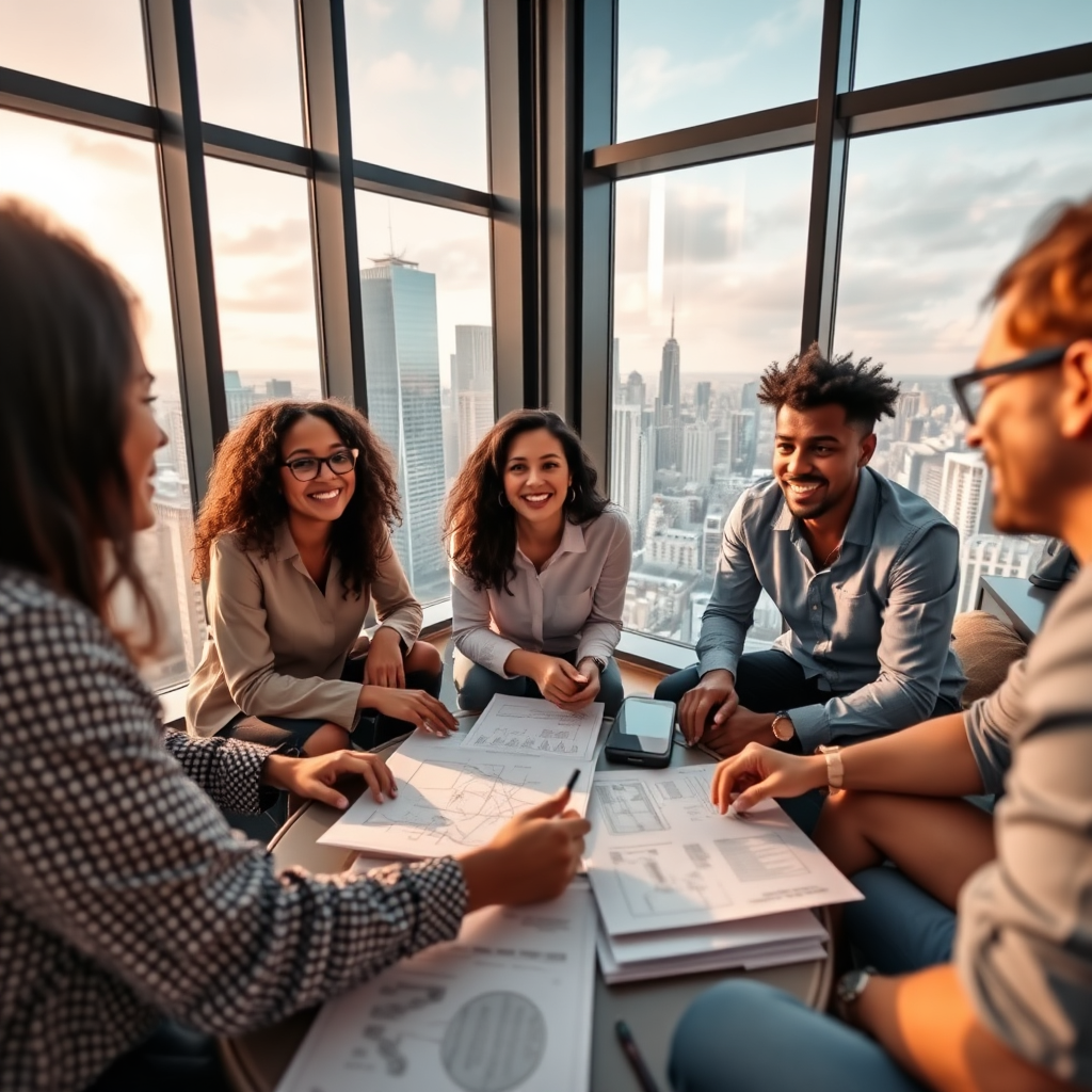 A vibrant image capturing a small group of diverse entrepreneurs in a discussion, with a large city skyline visible through the floor-to-ceiling windows. They are engaged, smiling, and exchanging ideas over a coffee table filled with plans and sketches. The lighting is warm, creating an inviting atmosphere. The camera angle is eye-level to create a personal connection with the audience. Style reference: Candid approach.