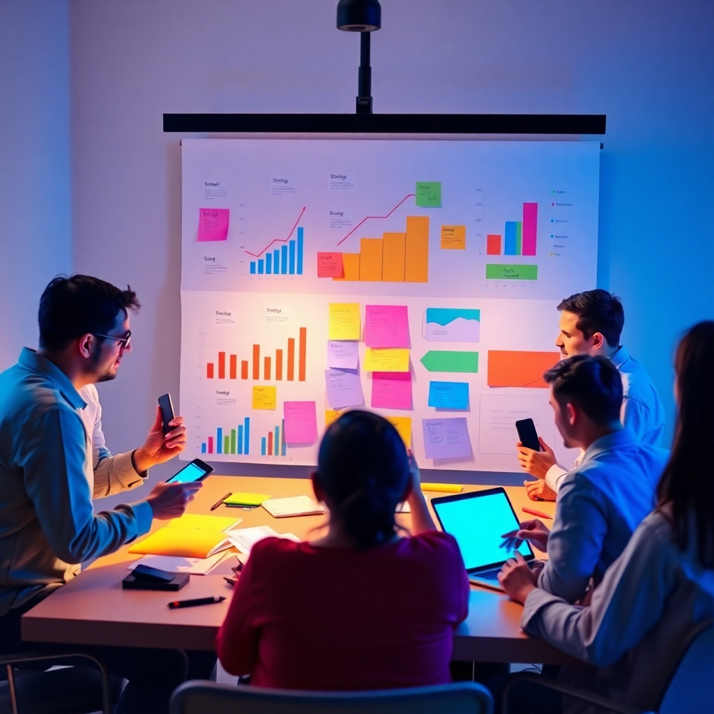 A vibrant image depicting a brainstorming session with colorful strategy notes and digital devices. Show diverse team members enthusiastically discussing, surrounded by visual charts indicating growth and success metrics. Soft ambient lighting to create a collaborative atmosphere. Technical specs: high resolution.