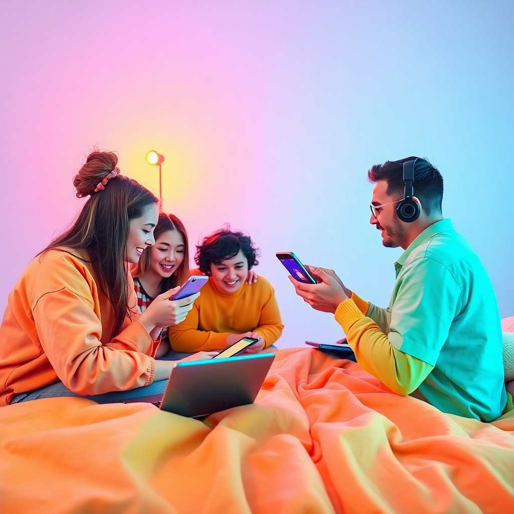 A vibrant image depicting a collaborative team working on various devices, showcasing a harmonious blend of technology in the video creation process. Bright, cheerful lighting sets the mood, while the color palette features complementary colors that highlight teamwork. Soft textures invite a sense of community and cooperation.