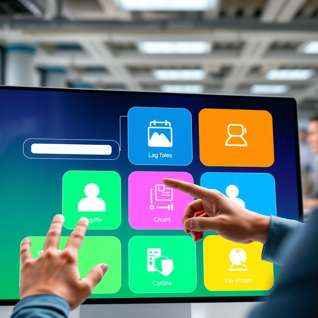 A vibrant image depicting a user-friendly software interface with simple navigation elements. The composition uses bright colors and intuitive designs, inviting users to engage. Hands-on interaction with the interface suggests ease of use. The backdrop is a modern workspace, emphasizing accessibility and efficiency.