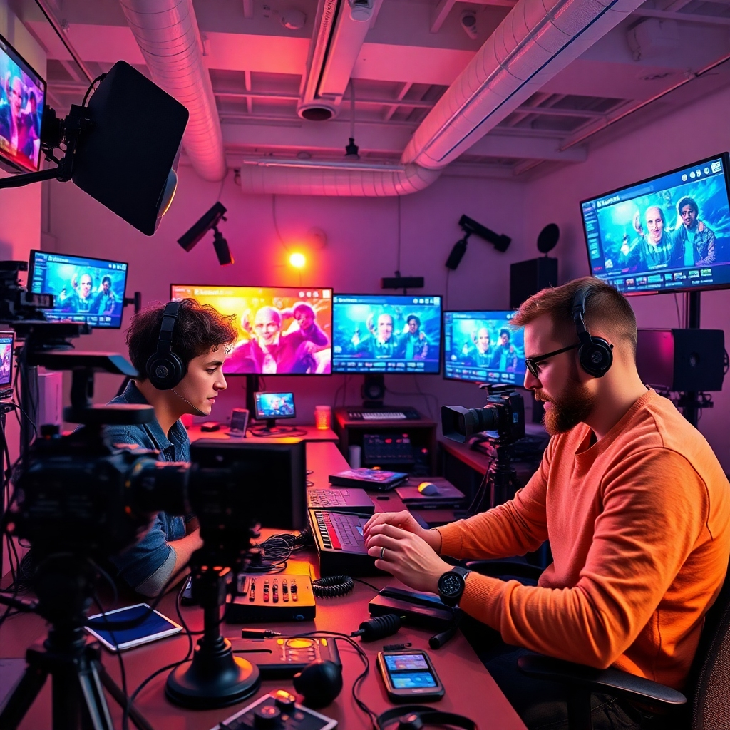 A vibrant image depicting individuals experimenting with video content, surrounded by diverse equipment and screens displaying AI features of Vidko. The lighting is bright and energetic, symbolizing innovation. The composition balances technology with human interaction, showcasing how Vidko enhances creativity. Textures are sleek and modern. The angle captures an expansive view of the collaborative workspace filled with color and enthusiasm.