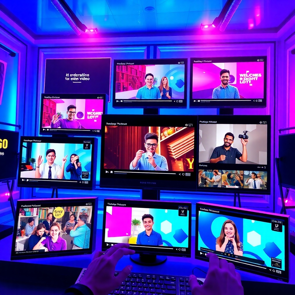 A vibrant image displaying a virtual interface with AI software creating videos in real-time. Multiple screens showcase various video styles, from promotional to educational content. The color palette is lively, consisting of blues and purples, evoking creativity. The lighting highlights the interactive elements of the software, emphasizing user engagement. The final output aims to illustrate the power of AI in video creation.