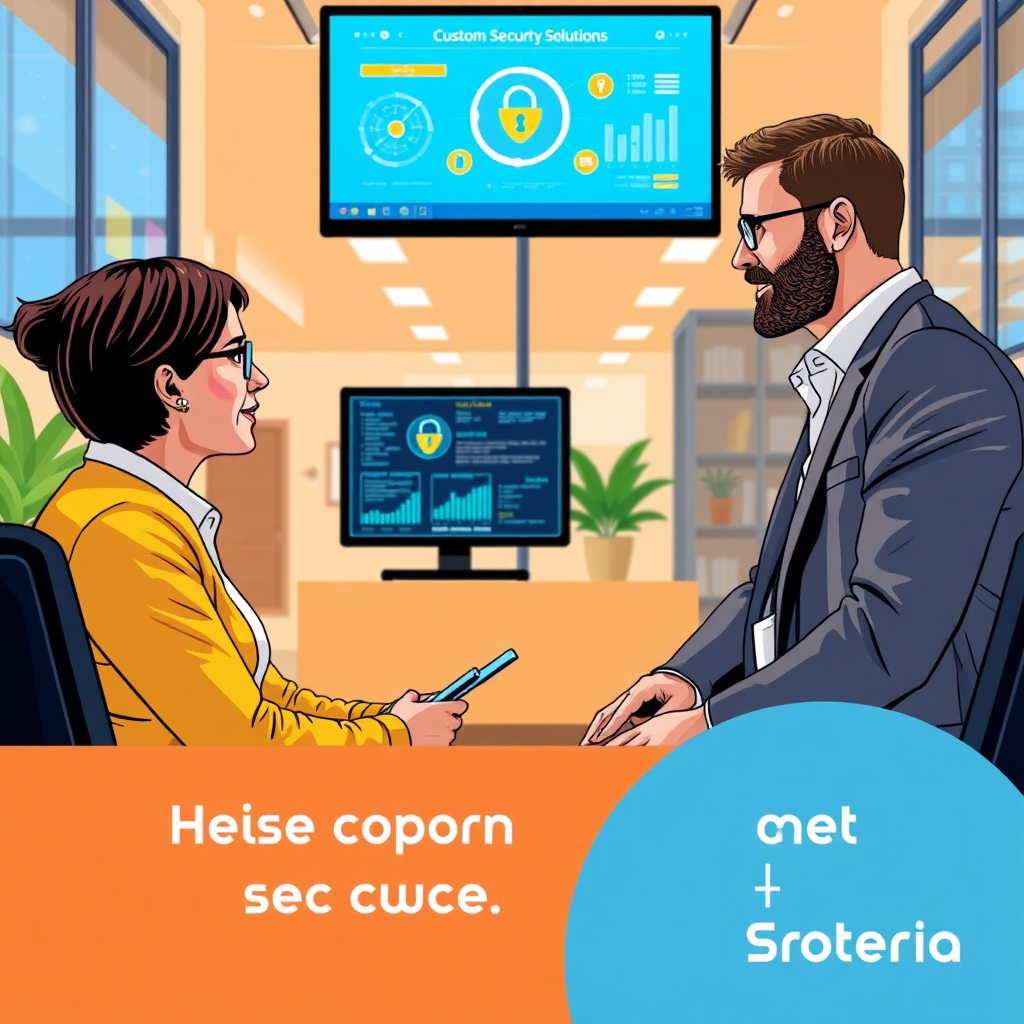 A vibrant image illustrating a conversation between a security consultant and a business owner discussing custom security solutions. The setting is a bright, welcoming office, filled with visuals of security metrics on a nearby screen. This visual highlights the personalized approach of Soteria AI.