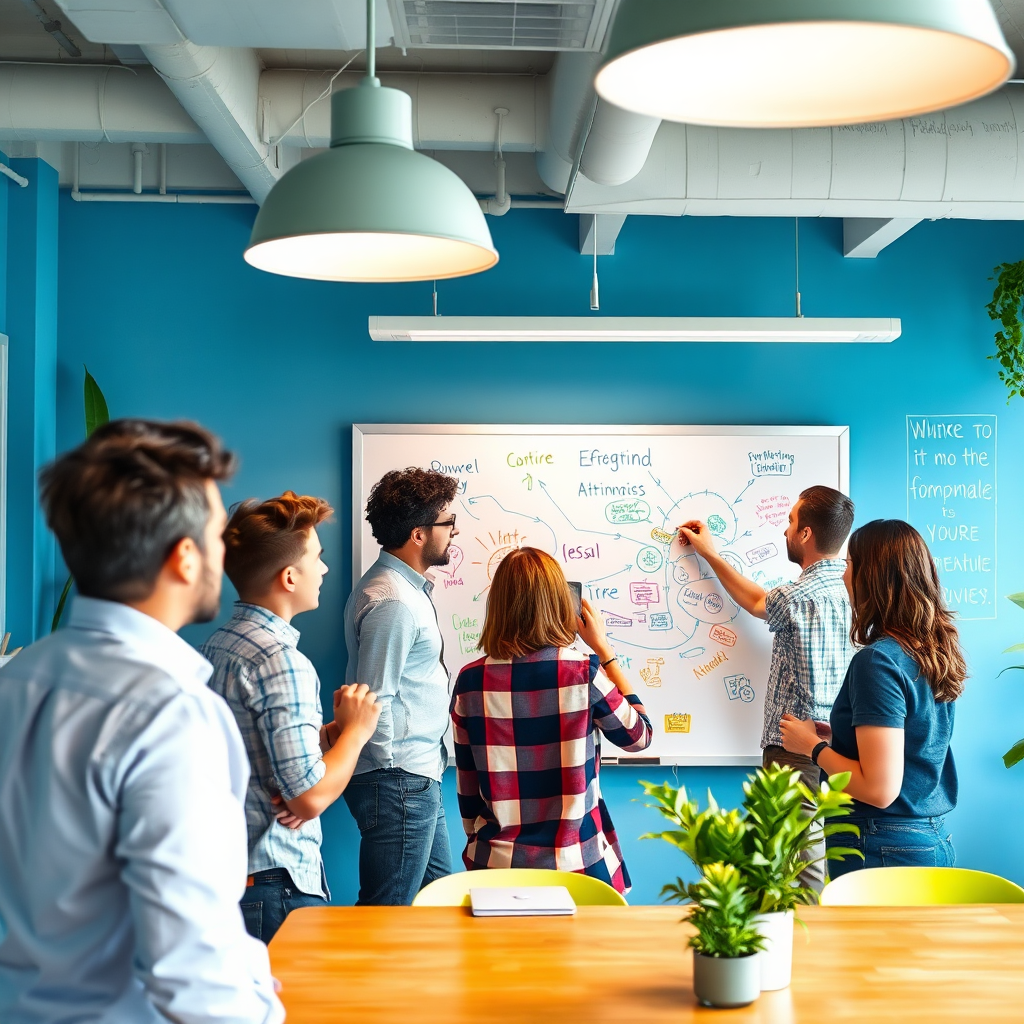 A vibrant image of a collaborative workspace where a small team is brainstorming on a whiteboard. The composition shows colorful drawings and ideas written on the board, with people actively engaging in discussion. Bright overhead lights illuminate the scene, and the color palette features lively blues and greens, representing creativity. The environment is modern and inviting, with plants and motivating quotes adorning the walls. This image should be bright and energizing, presented in high quality.
