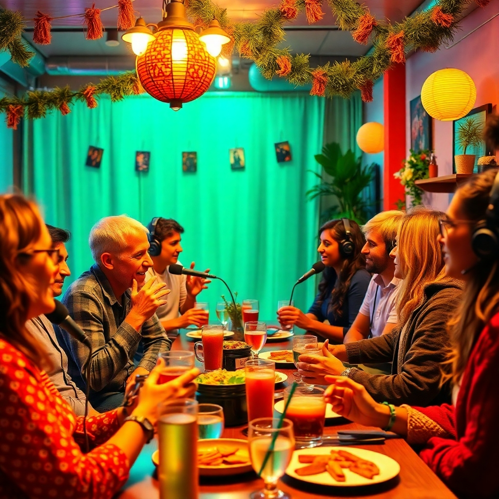 A vibrant image of a community gathering where podcast listeners engage with creators in a lively discussion, enriched with food and drinks. The warm lighting and colorful decorations illustrate the welcoming environment. Diversity in participants highlights inclusivity. Technical specs: 4K resolution, high quality.
