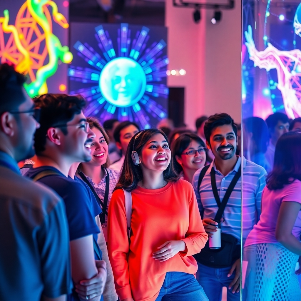 A vibrant image of a diverse group of consumers interacting with captivating AI-generated visuals in an exhibition setting. Bright, colorful lighting draws attention, and the composition captures their lively reactions. The focus is on the spectacle created by the visuals. Environments are designed to evoke enthusiasm and curiosity. Technical specs: 4K resolution.