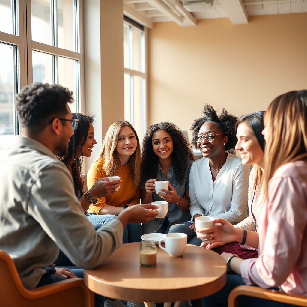 A vibrant image of a diverse group of entrepreneurs gathered in a supportive setting, exchanging ideas and discussing projects over coffee. The color palette is warm and inviting, with light streaming in through large windows, creating a positive atmosphere. The camera angle should capture the interaction and enthusiasm among the group.