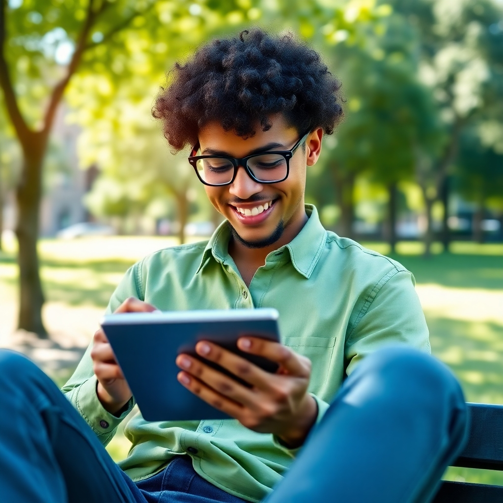 A vibrant image of a relaxed individual using a tablet outdoors, showcasing the freedom of managing affiliate marketing on the go. Natural lighting highlights the scene, with a picturesque park as the backdrop. The color palette features refreshing greens and blues. The focus is on the ease of use, with a subtle glow creating an appealing look. Technical specs: outdoor scene in high quality.