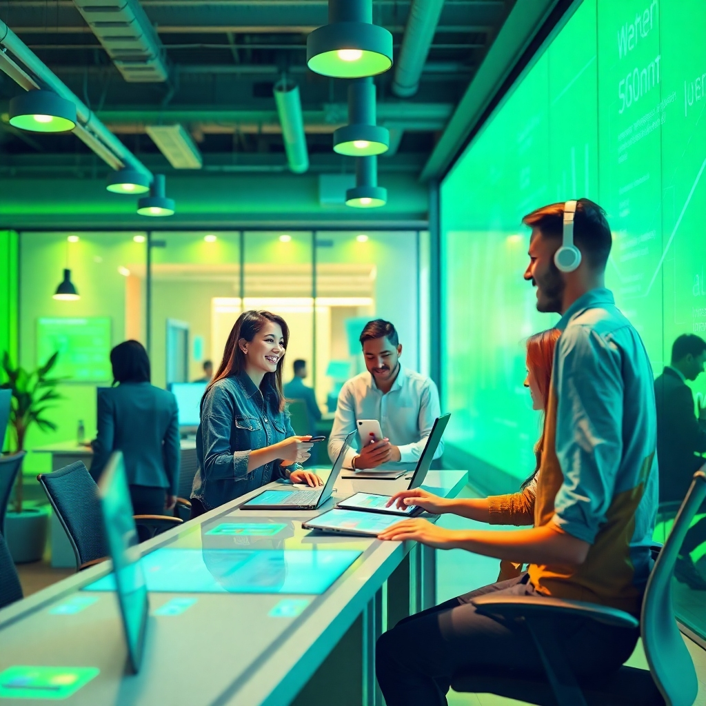 A vibrant image of a visually engaging workspace where employees are happily collaborating, and AI systems provide support. Bright colors of green and blue should convey an atmosphere of energy and positivity. Include tactile elements of technology, such as touchscreens and AI interfaces, to signify advancement. Lighting should enhance clarity throughout the scene. Technical specifications: high quality.