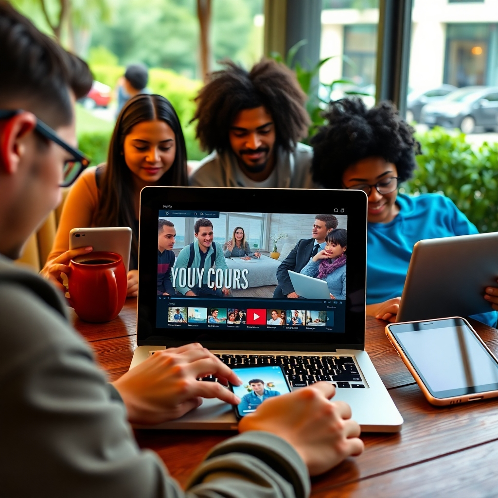 A vibrant image showing a diverse group of individuals using different devices (laptops, tablets, phones) in various settings like a park, coffee shop, and home. The laptop screen displays an engaging video course interface, highlighting global accessibility.