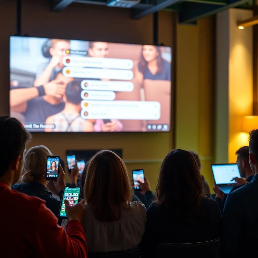 A vibrant live chat interface visible on a large screen, showing chat comments and emojis during a broadcast. In the foreground, a diverse group of people are watching on various devices (phones, tablets, laptops), looking engaged and excited, set against a warm and inviting background.