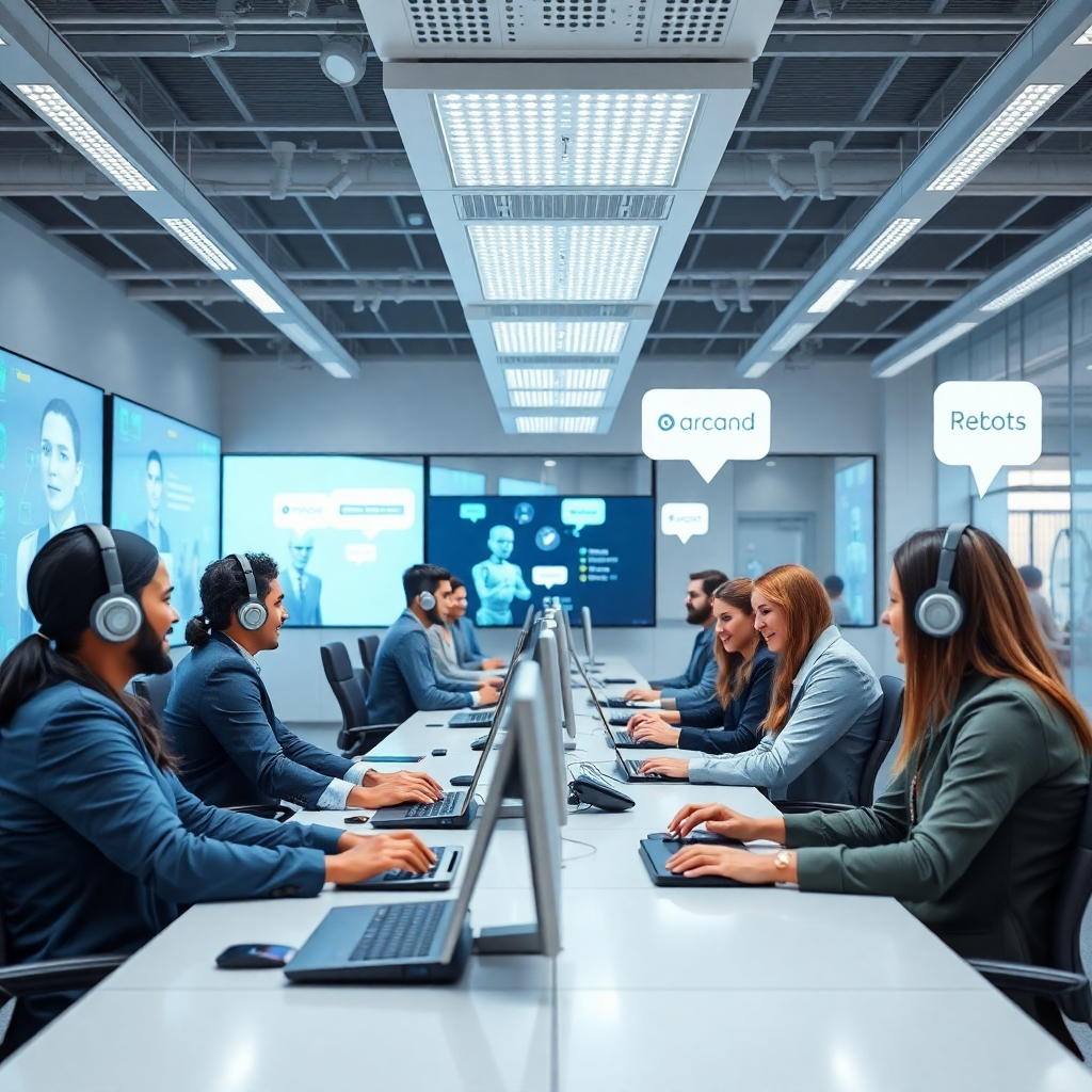 A vibrant, modern customer service center with AI bots visible on screens, interacting with happy customers. The setting is bright and welcoming, showcasing diverse individuals engaged with technology, with speech bubbles indicating conversations.