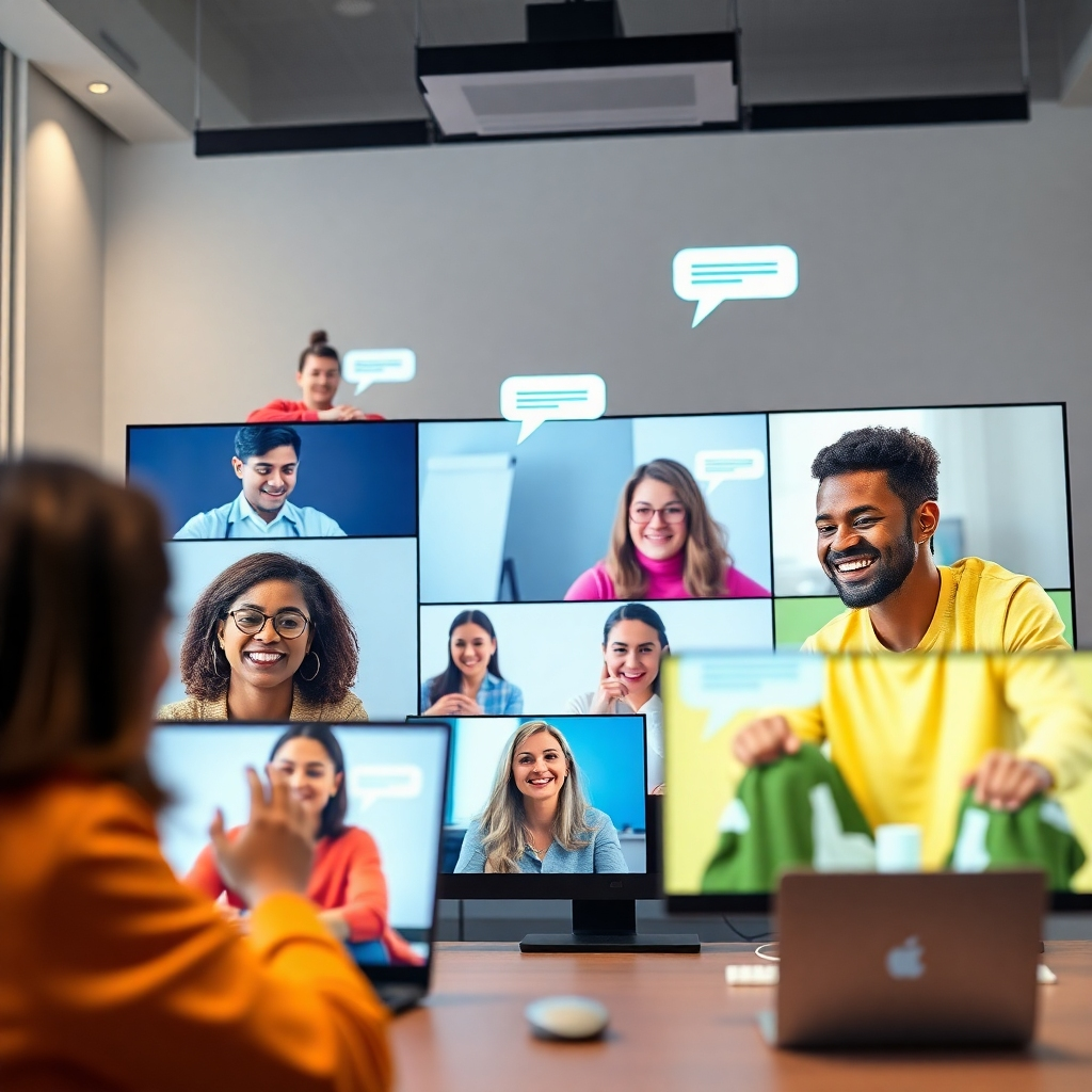 A vibrant online community scene with individuals engaging in a virtual classroom setting. Display a diverse group of people on their devices, smiling and interacting via video calls, while digital chat bubbles indicate lively discussions. Use bright colors to evoke enthusiasm and collaboration.