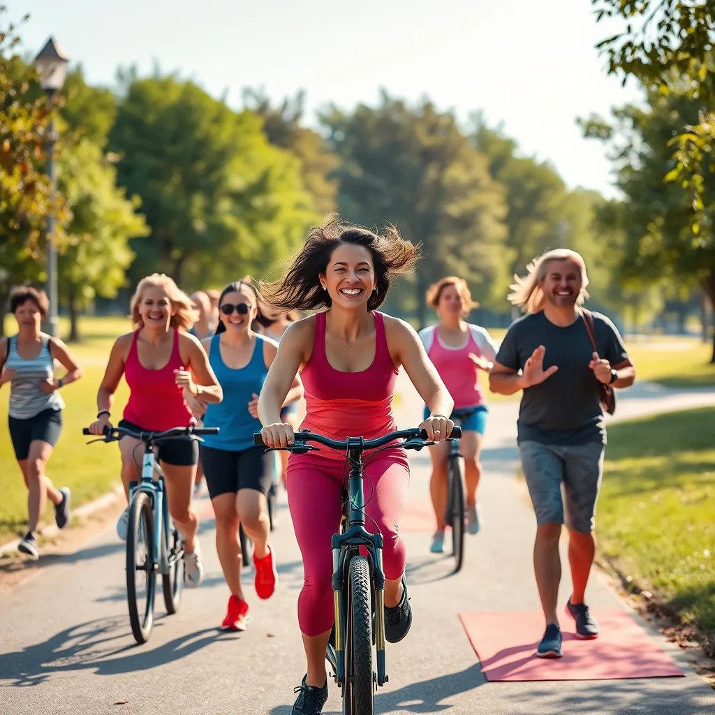 A vibrant outdoor scene depicting a diverse group of energetic individuals engaging in various activities such as jogging, biking, and practicing yoga, all in a sunny park setting. Highlight their smiles and dynamic movements, symbolizing the energy and balance achieved through Gluco6.