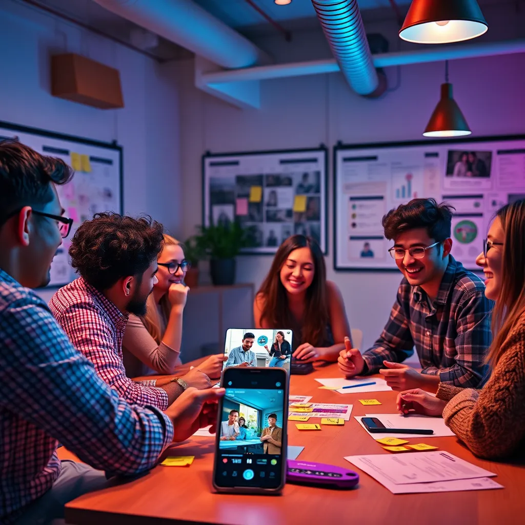 A vibrant scene depicting a creative team brainstorming content ideas for TikTok, with post-it notes, storyboards, and a smartphone displaying a TikTok video. The atmosphere should convey enthusiasm and innovation in a collaborative workspace.