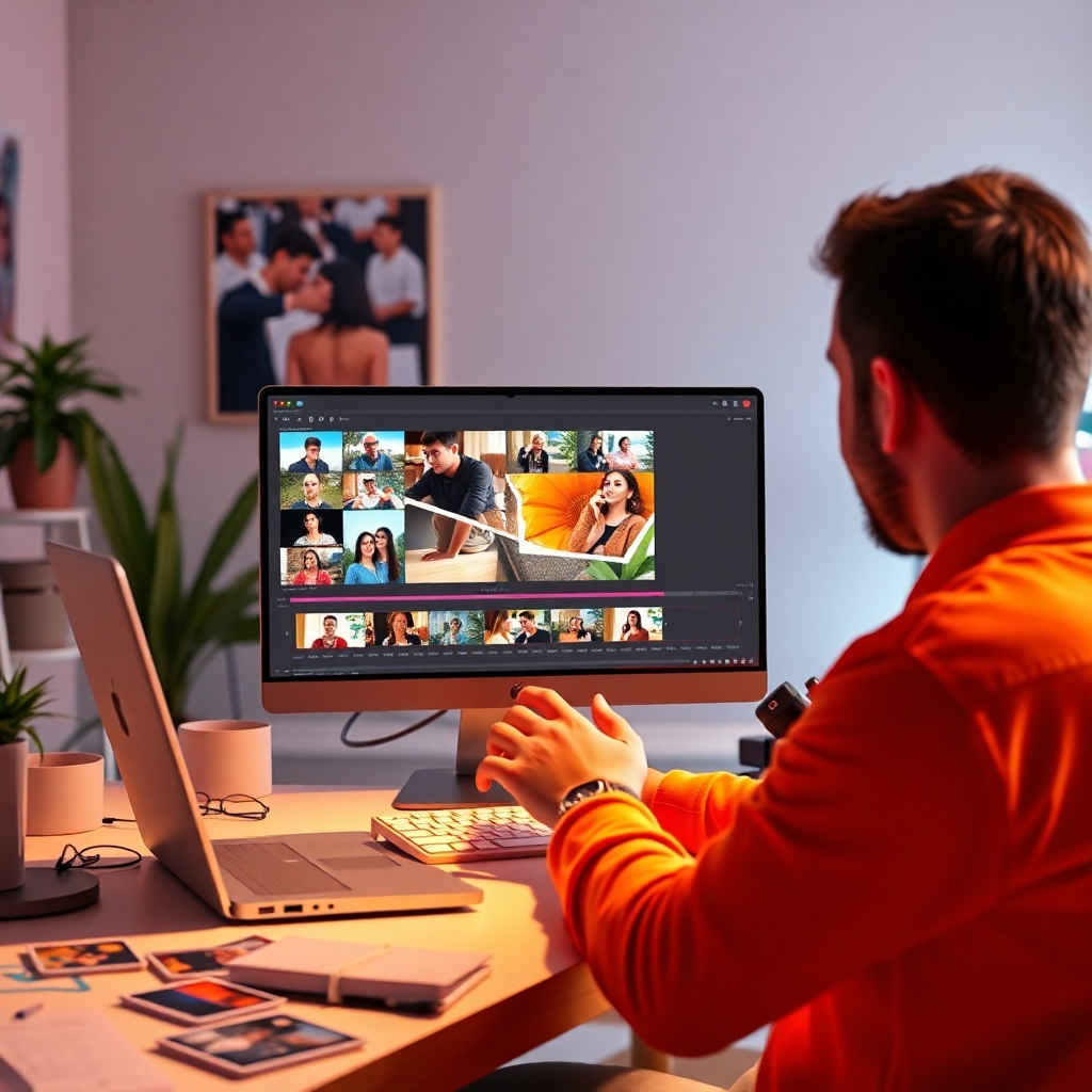 A vibrant scene of a user efficiently completing their video project, with numerous clips compiled and edited on screen. The atmosphere is energetic, with bright pop colors symbolizing creativity and encouragement. Soft lighting creates focus on the screen while the background hints at creativity through scattered props like storyboards and designs, rendered in stunning detail to celebrate the simplicity of achieving high-quality videos with our tool.